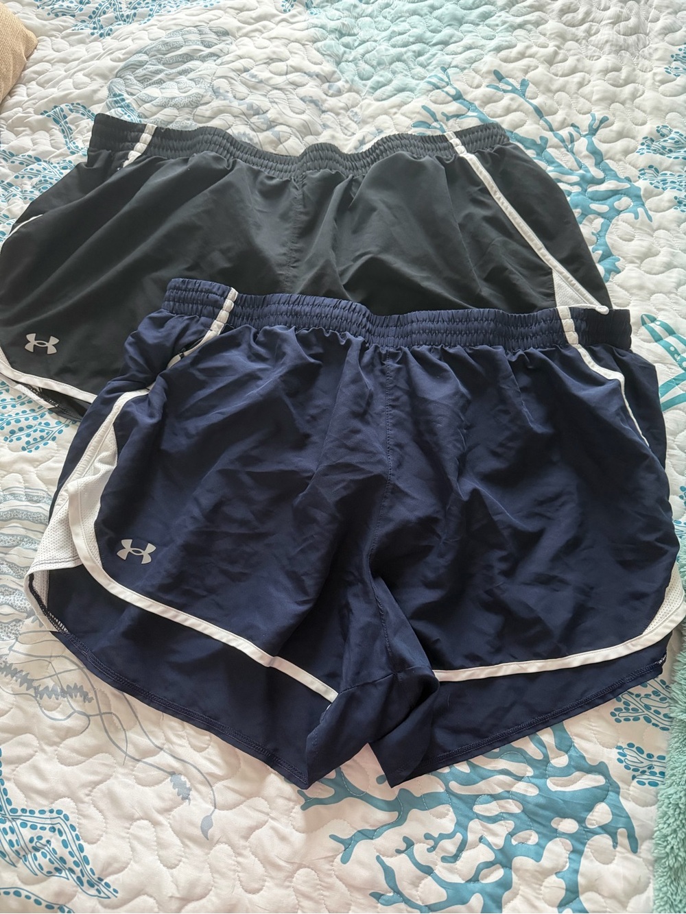2 Pair of Under Armour Women's Running Shorts, Navy & Black with White Trim